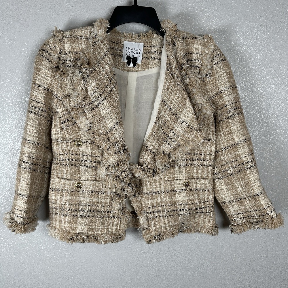 Edward Achour Paris Tweed Blazer Jacket Sz 42 Beige 3/4 Sleeve Cotton Wool Linen
